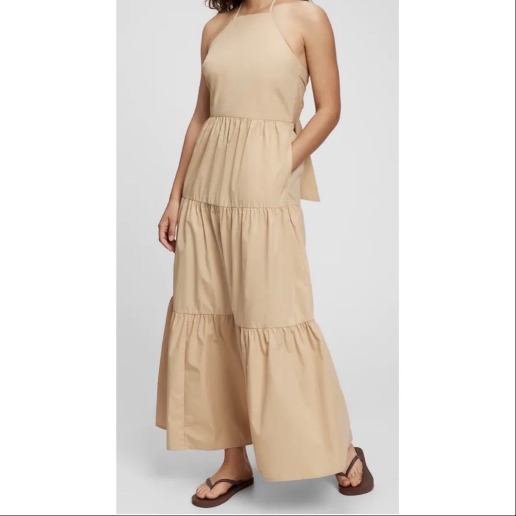 Gap Halter Tie-Back Maxi Tiered Dress Khaki Petite